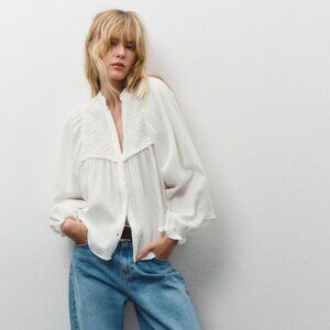 NWT Zara Embroidered Cotton Peasant Top Size L
